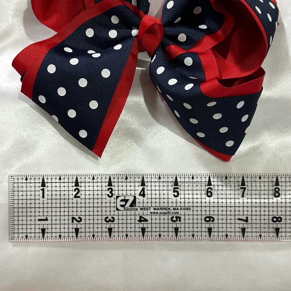 Navy and Red Polka Dot Kids Hair Bow - bundle 2+ and save on shipping. - Picture 3 of 7
